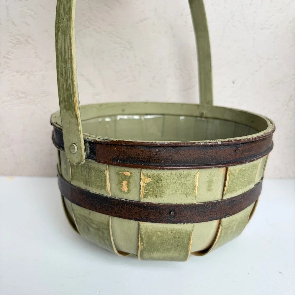 Vintage Style Sage Green Wooden Slat Bushel Basket with Handle and Liner 7.5in